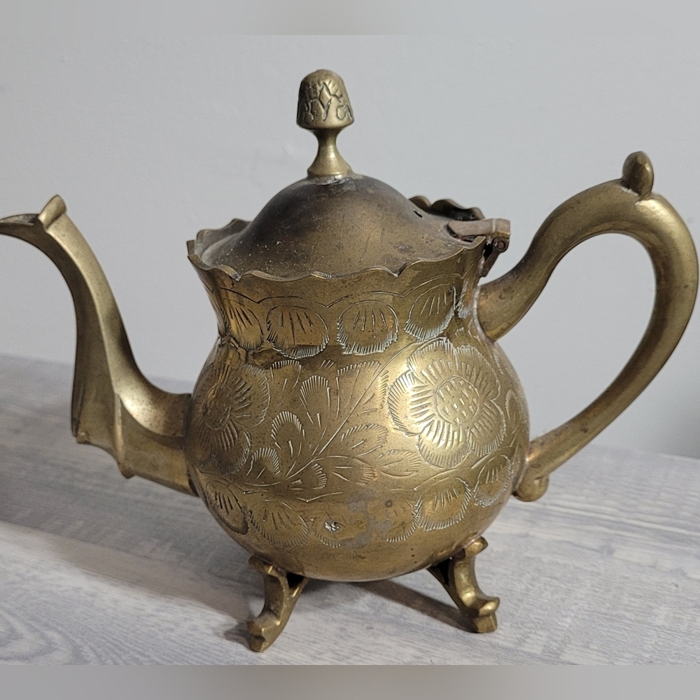 Vintage Engraved Brass Teapot | Floral Boho Decor | Tin Lined | Footed